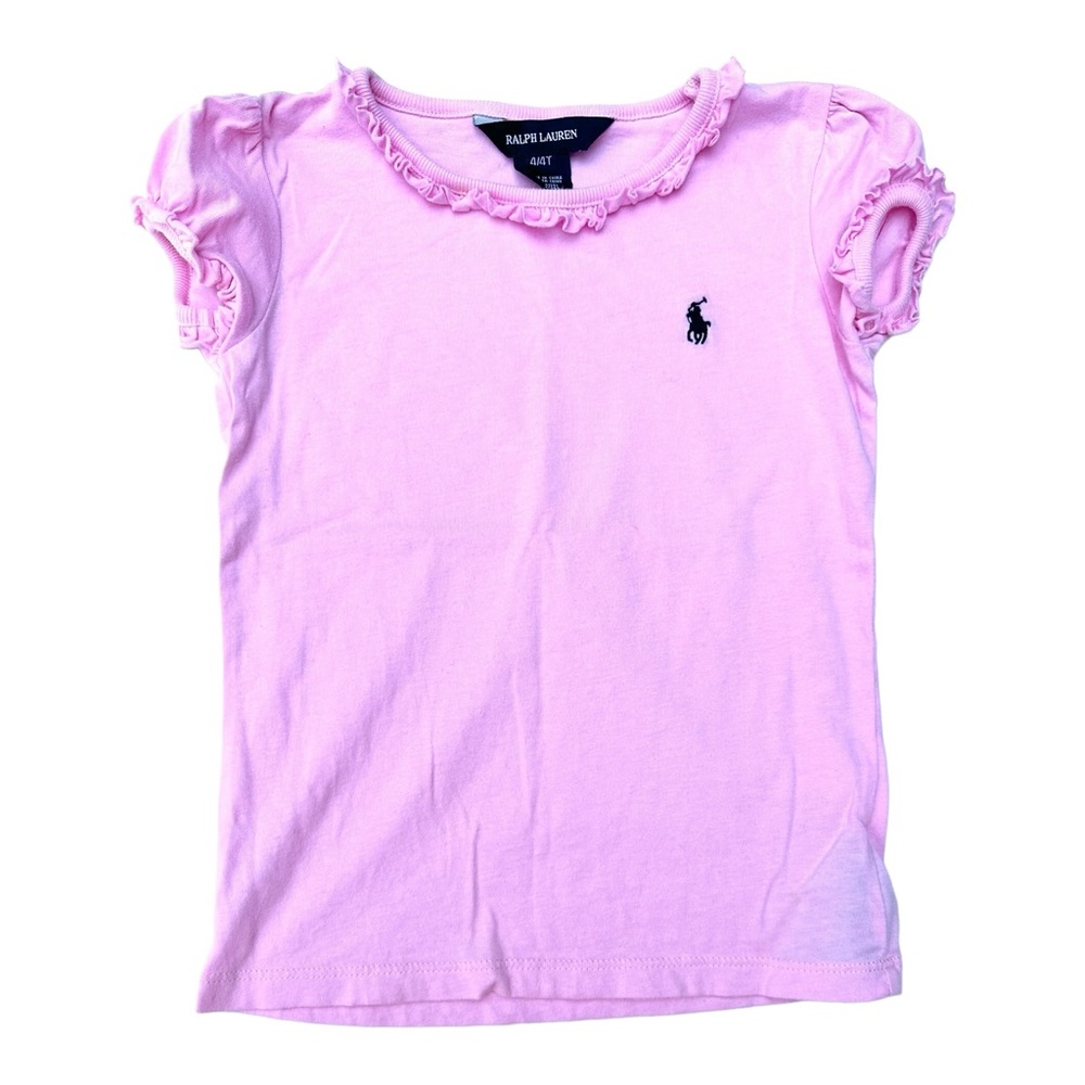 Ralph Lauren Size 4/4T pink cotton short sleeve t-shirt with ruffles.